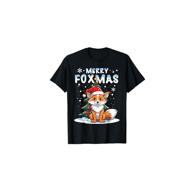 Cute Fox in Snow Celebrating Christmas T-Shirt, black