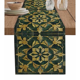 Retro Floral Pattern Table Runner for Dinning Table 36 Inches Long Vintage Ethnic Style Green Kitchen Dinning Table Decorations for Party Wedding Home Decor 13" x 36"