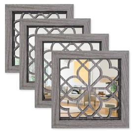 HMANGE Set of 4 Boho Wall Mirrors with Carved Floral Design, 12x12 Inch Rustic Farmhouse Accent Mirrors, Vintage Style Shatterproof Square Mirror Decor for Living Room, Bedroom(Brown)