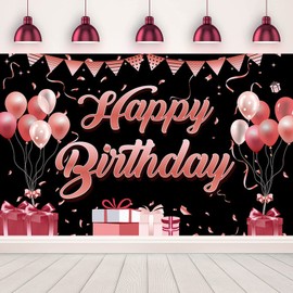 Happy Birthday Party Decoration Backdrop Large Black and Rose Gold Happy Birthday Background for Kids Women Girls Birthday Party Supplies