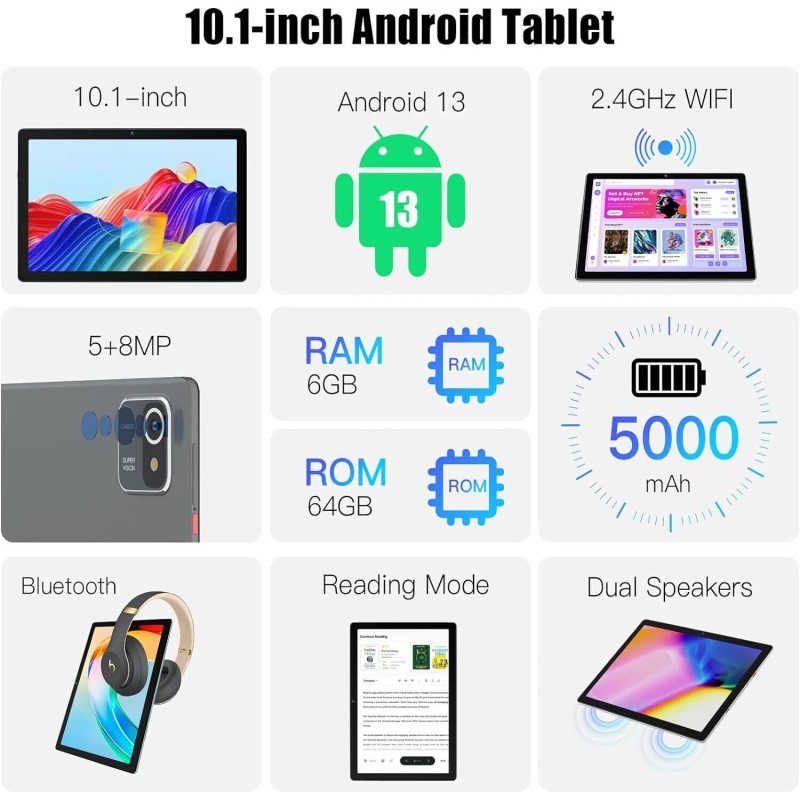 AEEZO Tablet 10 Inch Android 13 Tablet 6+64GB Quad Core