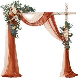 Fsslower Wedding Arch Flowers with Drape Kit (Pack of 4) - 2pcs Artificial Flower Swag with 2pcs Draping Fabric for Wedding Ceremony Arbor and Reception Backdrop Decoration (Terracotta)