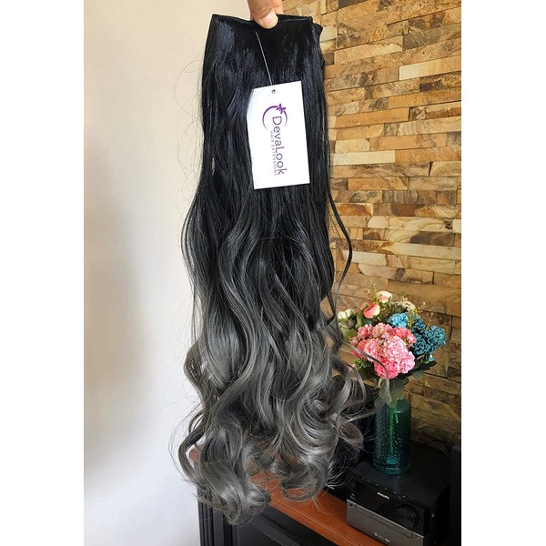 DevaLook 20" Thick One Piece Straight Wavy Curly Half Head Ombre Clip in Hair Extensions (20"- Natural black to dark grey)