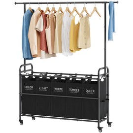 Tajsoon Laundry Sorter with Hanging Rack, Laundry Sorter 5 Sections, Rolling Laundry Cart with Lockable Wheels and Removable Bag, Laundry Basket Organizer for Bedroom, Bathroom, Black