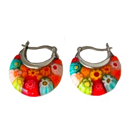 Murano Style Glass Hoop Earrings for Women Multicolored Dry Flower Moon Earrings Classic Stainless Steel Jewelry Gift for Her (red)