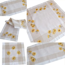 Table Runner 40 x 90 cm Ecru Beige / Colourful Embroidery "Sunflowers"