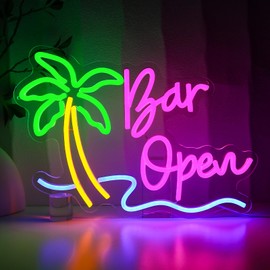 PMCVYH Bar Open Sign for Business, Bar Open Neon Sign, USB Dimmable Palm Tree Neon Lights for Beer Bar Coffee Cafe Home Pub Man Cave Stores Hotel Party Window Wall Decor Restaurant