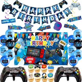 Video Game Birthday Decorations Set - 33 Pcs Gaming Party Decorations Latex Balloons Hanging Swirls Multi-Color Balloons and Backdrop for Boys and Girls Birthday Game Party Set