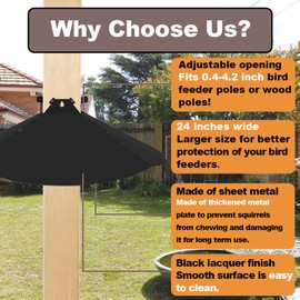 Pirateant 24 Inch Metal Squirrel Baffle,Adjustable Opening Size, for Up to 4x4 Wide Wooden Post,Squirrel Baffle for Bird Feeders Without Removing Bird Feeder Poles Or Shepherd's Hooks.Deep Black 1Pack
