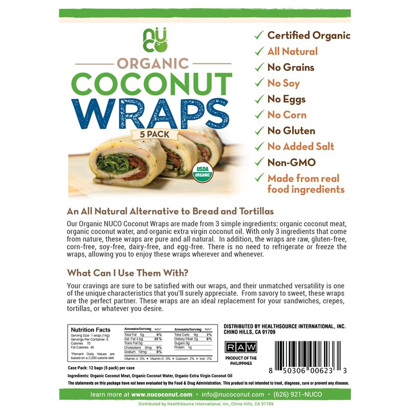 NUCO Certified ORGANIC Paleo Gluten Free Vegan Coconut Wraps (Various