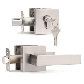 Probrico Brushed Nickel Exterior Door Locksets with Deadbolt, Front Door Passage Handle and Single Cylinder Deadbolt Set, Square Door Lever with Keyed One Side Deadbolt Lock, 1 Pack, Same Keys