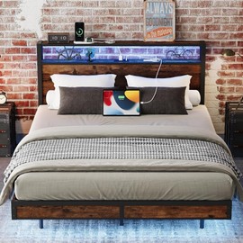Full Size Bed Frame with Storage Headboard, Floating Metal Platform Bed Frame with LED Lights and Charging Station, Easy Assembly, No Box Spring Needed, Noise Free, Rustic Brown