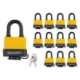 SEDORTI Colored Waterproof Padlocks, Heavy Duty Laminated Steel Lock with Yellow Plastic Covered, Keyed Alike Outdoor Locks, Can Be Used as Lockout Tagout Lock, Pack of 12