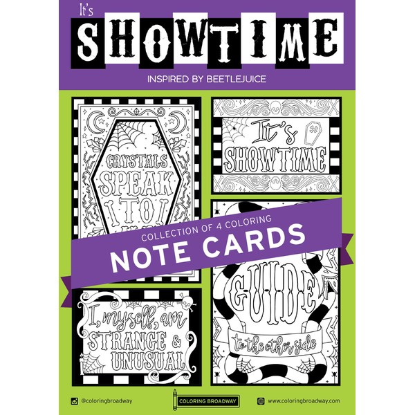 Coloring Broadway - BEETLEJUICE inspired Coloring Note Cards With Envelopes (Set of 4) “It's Showtime” Collection, Broadway Musical Merchandise, Ideal Gift for a Broadway Theater Lover