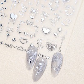 Bows Nail Art Stickers Decals 3D Self-Adhesive Bow Heart Star Nail Sticker White Bows Stars Stickers Daily Acrylic DIY Manicure Decoration Bow Charms for Women and Girls