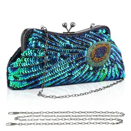 Peacock Evening Bags Clutch Purse for Women Bead Sequins Vintage Purses Crossbody Handbags with Detachable Chains(Green4)