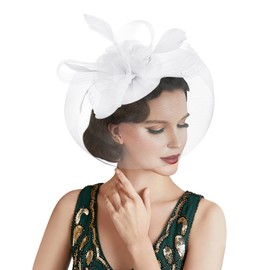 Women Vintage Feather Hat Mesh Hat Creative Hair Scrunchie Headpiece Feather Flowers Cylinder Mesh Headwear Pretty Hairpin Bridal Headwear for Wedding Cocktail Church Tea Party Jockey Club, White, Einheitsgröße