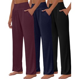 Neer 3 Pcs Women's Wide Leg Yoga Pant Comfy Loose High Waist Lounge Waist Lounge Casual Athletic Workout Joggers Apparel(Large,Black, Wine, Blue Gray)