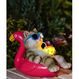 Nacome Cat Lying Flamingo for Garden Statue: Solar Outdoor Decor Figurine for Clearance Outside Lawn Ornaments Porch Patio Balcony – Unique Housewarming Birthday Small Gifts for Grandma Mom