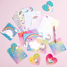 WERNNSAI Juego de 69 cartas y sobres de papelería, unicornio para niños, papel de escritura y sobre, regalos de cumpleaños de Navidad para niñas con t