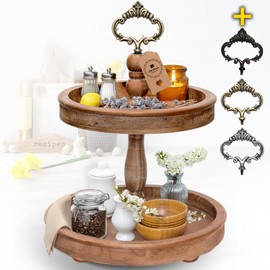 2 Tiered Tray Stand [Includes 3 Changeable Handles] - Rustic Cupcake Stand, Coffee Table Tiered Serving Tray for Kitchen Counter, Stunning Rustic Home Decor, Display Fruits, Plants, Candles (Brown)