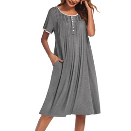 Ekouaer Womens House Dress Moomoo Nightgown with Pockets Short Sleeve Mumu Nightgown Button Down Sleepwear Dark Grey