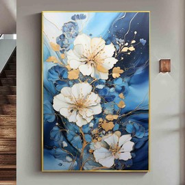 White And Gold Flower Wall Art Blue Marble Canvas Botanical Abstract Flower Picture Blooming Flowers Wall Art Canvas Navy Blue Marble Gold Foil Artwork Modern Abstract Painting Decor 16x24in No Frame