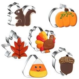 FUSOTO 6PCS Thanksgiving Cookie Cutters Set, Holiday Cookie Cutter Thanksgiving Shapes for Baking-Turkey, Pumpkin, Candy Corn, Pine Cones, Squirrel, Maple, Fall Cookie Cutters for Homemaking Cookie
