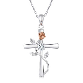 BlingGem Kette Damen 925 Sterling Silber mit Rundschliff Zirkonia Kreuz Rosen-Blume Anhänger Halskette Frauen Geschenk zum Dame,48 cm