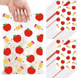 JarThenaAMCS 50Pcs Back to School Party Favor Bag Pencil Apples Plastic Treat Bags with Handles Clear Candy Goodie Bags for First Day of School Classroom Supplies