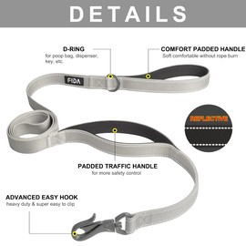 Fida 4 FT Heavy Duty Dog Leash with 2 Comfortable Padded Handles, Traffic Handle & Advanced Easy Snap Hook, Reflective Walking Lead for Large, Medium & Small Breed Dogs, Grey