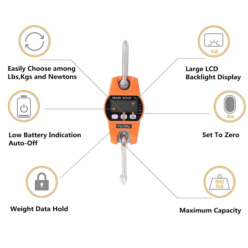 Hyindoor Mini Digital Crane Scale 300kg/600lbs with LCD (Die-casting Aluminium