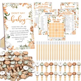 Patelai 321 Pcs Baby Shower Games Supplies, 5 Sets (50 Cards Each) Activities Cards with 20 Pencils 1 Don't Say Baby Sign 50 Clothespin(Little Pumpkin)
