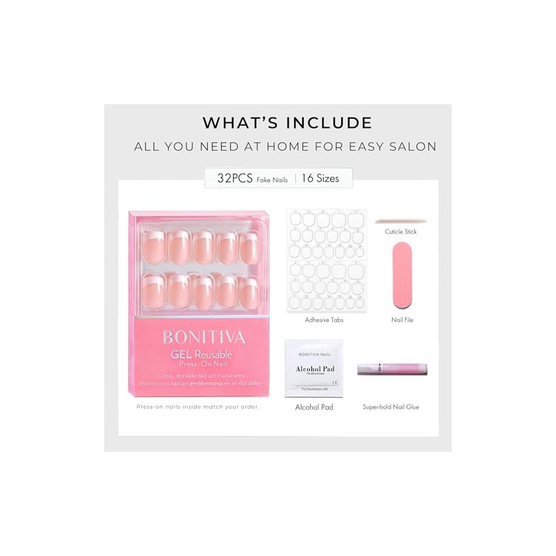 Uñas postizas Bonitiva cortas almendradas, gel suave blanco brillante reutilizable,