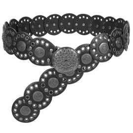 JasGood Wide Disc Belt for Women Leather Hollow Out Round Belt Western Cowgirl Belt Women's Concho Vintage Belt Boho Disc Leather Belt Adjustable Waist Belt for Dresses, A-Black(Black Buckle)