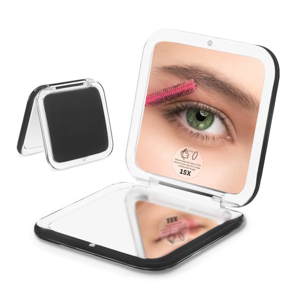 LONTAN Compact Mirror Travel 15X Magnifying Mirror Black Pocket Mirror Small Magnifying Mirror Compact Mirror for Handbag Small Makeup Mirror Gifts for Girls Square 8.5cm x 8.5cm