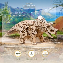 UGEARS Triceratops Dinosaur Wooden Model Kit - 3D Wooden Puzzle for Adults - 1:32 Scale Mechanical Wooden Dinosaur Model - DIY Dinosaur 3D Puzzle with Lifelike Walk