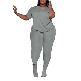 PINSV Women's Plus Size 2 Piece Outfits Tracksuits Short Sleeve Top Pants Sets Sweatsuits Grey 3XL