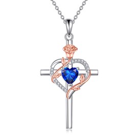 Cross Necklace for Women 925 Sterling Silver Rose Heart Crucifix Sapphire Pendant September Birthstone Gemstone Anniversary Birthday Christmas Gifts for Mother Wife Sister Her