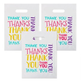 Giiffu Thank You Plastic Merchandise Shopping Bags, Small Printed Plastic Gift Bags 100Pack, 9x12IN, Die Cut Handle Reusable Plastic Bags, Goodie Bags for Boutique for Retailers, Party, Favors, Wedding