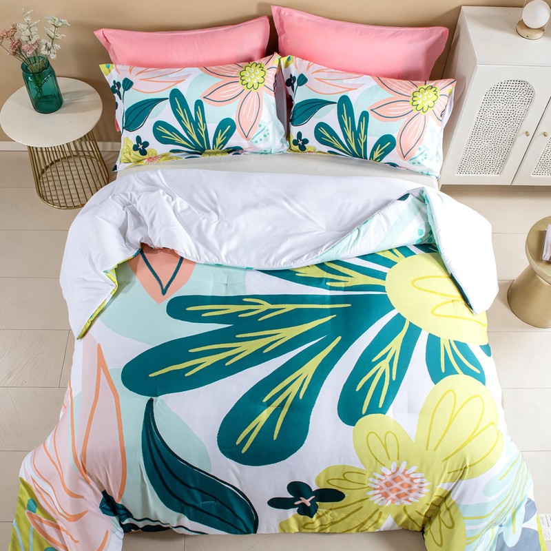 Boho Floral Queen Comforter Set - 3 Piece Summer Tropical