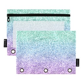 Gradient Colorful Glitter Binder Pencil Pouch for 3 Ring Pencil Pouch with Zipper Clear Window Pencil Case Pencil Pouches Bags for Office Daily Supplies, 2 Pack