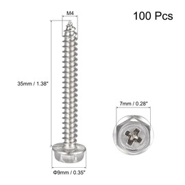 sourcing map Phillips Hex Washer Self Tapping Screws, M4 x 35mm 304 Stainless Steel Hex Flange Sheet Metal Screw 100pcs