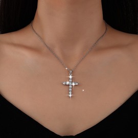 Cybche Boho Emerald Cross Necklace Choker Gold CZ Cross Pendant Necklace Green Crystal Religion Cross Necklace Thin Chain Cross Rhinestone Necklace Jewellery for Women, Zinc, No Gemstone