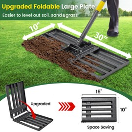 Lawn Leveling Rake with 30"x10" Foldable Curved Ground Plate, Heavy Duty 58" Long Handle Lawn Leveler Tool for Leveling Compost Soil Dirt Sand Grass Peat Moss