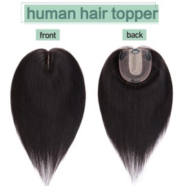 S-noilite Hair Toppers for Women Real Human Hair Toppers No Bangs Upgraded 10 * 12cm Silk Base Wiglet Hairpieces Clip in Hair Topper for Thinning Hair Short Hair 10 inch 35g #1B Natural Black