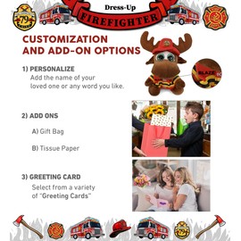 DolliBu Big Eyes Brown Moose Firefighter Stuffed Animal with Name Personalization - Super Soft Moose with Red Fireman Costume Outfit and Fireman Hat, Fire Fighter Doll Plush Toy for Kids - 6 Inch