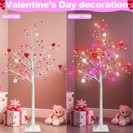 Valentines Day Decorations, 4 FT Prelit Lighted Valentines Tree with 3D Hearts&Berries Ornaments 48 Led Red Pink Lights, Waterproof Artificial Birches Tree for Valentines Day Decor Home Indoor Outdoor