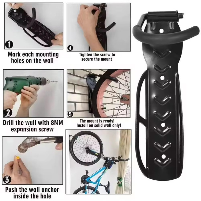 Vertical Bike Wall Mount Hanger, Heavy-Duty Steel, 30kg Capacity, Black