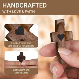 3Pcs Cross My Heart, Encouragement Gift Wooden Handheld Pocket Small Crosses, Wood Comfort Fingertip Stress Relief Cross for Clutching, Clinging and Praying Religious Gift